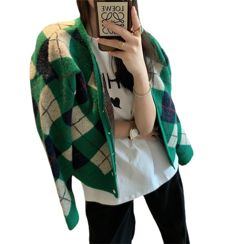 Retro British Style Diamond Plaid V-neck Sweater Cardigan