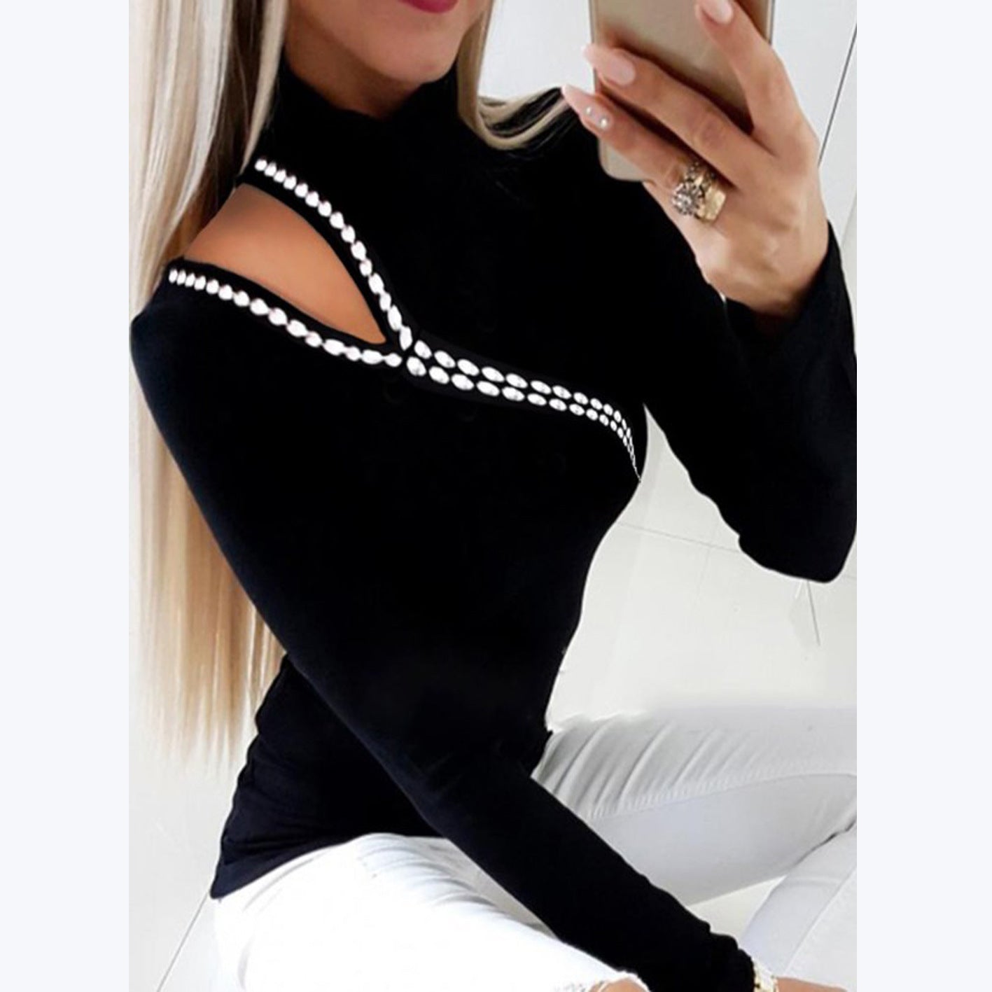 Hollow Heart-shaped Black Long Sleeve Top