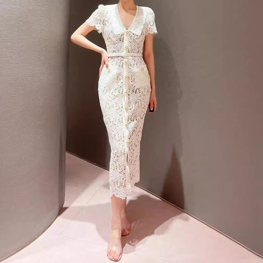 Elegant Short Sleeve Lapel Refined Handmade Lace Waist Dress