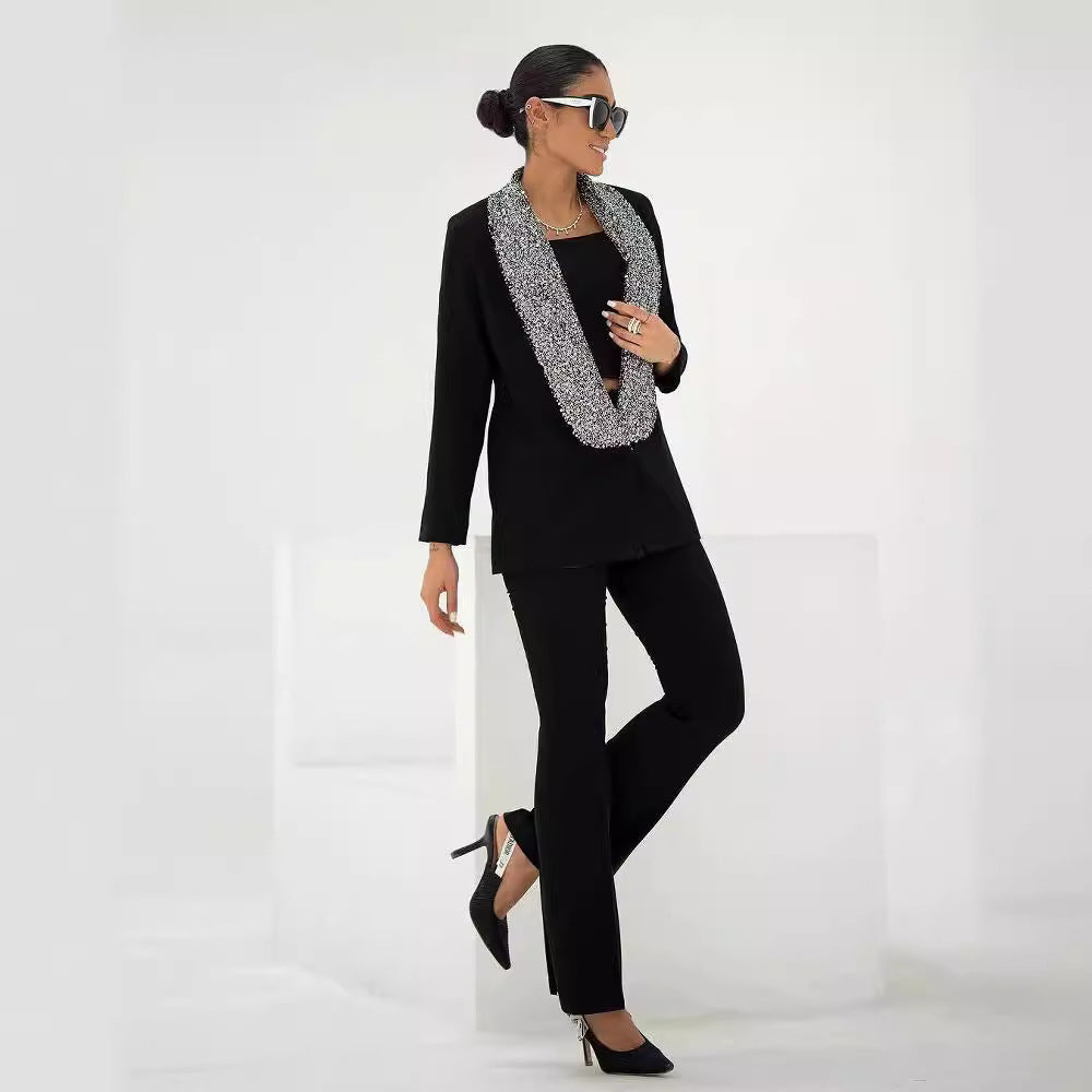 Black Shiny Sequined Deep V-neck Blazer