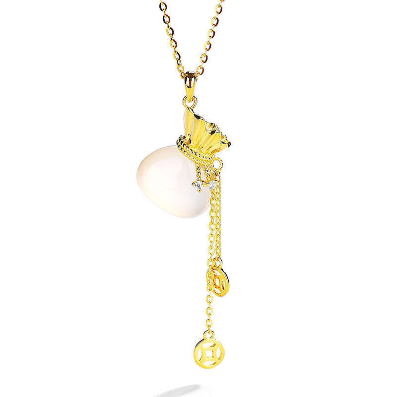 925 Sterling Silver Necklace With White Chalcedony Lucky Bag Tassel Pendant