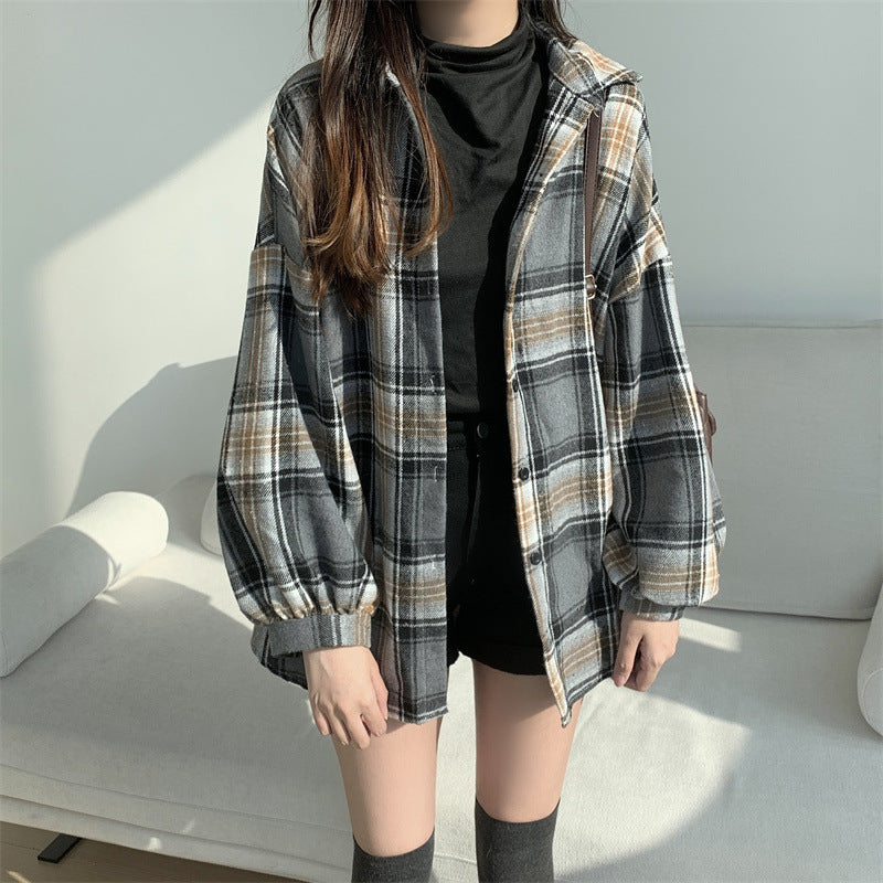 Retro Brushed Plaid Long-sleeved Shirt For Women