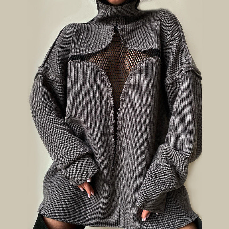 New Mesh Perspective Loose Knitted Hollow Sweater Women