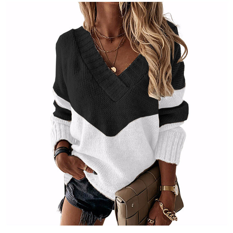 Women's V Neck Stitching Contrast Color Long Sleeved Sweater Ladies Top