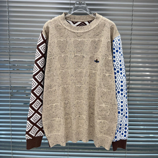 Embroidered Vintage Rhombus Jacquard Color Matching Sleeve Sweaters