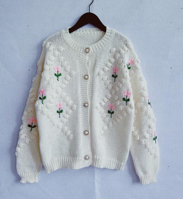 Handmade Crocheted Embroidery Twist Pearl Sweater Cardigan