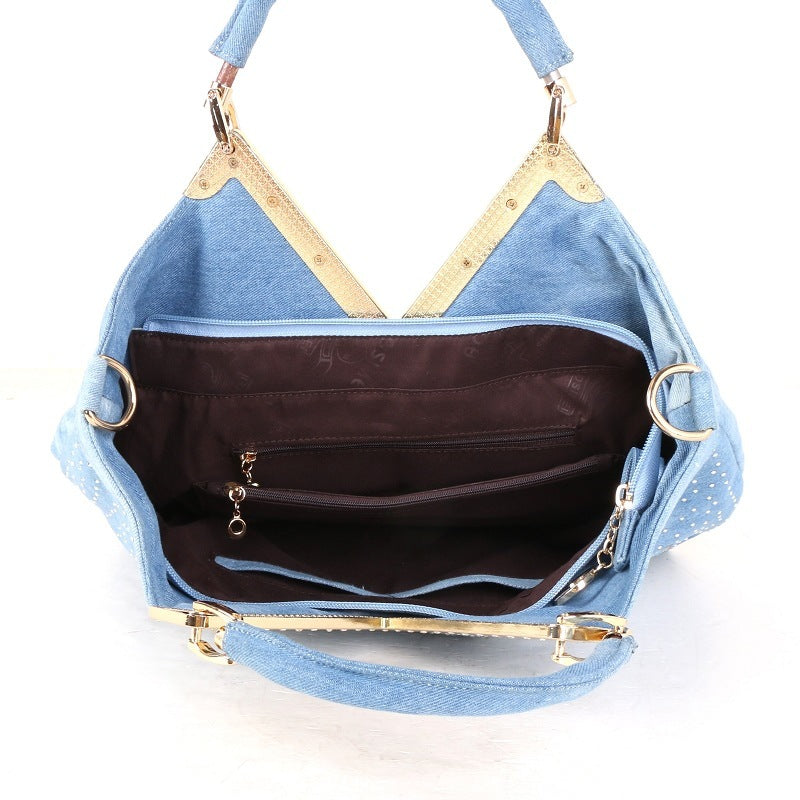 Women's V-shaped Diamond Flower Denim Bag