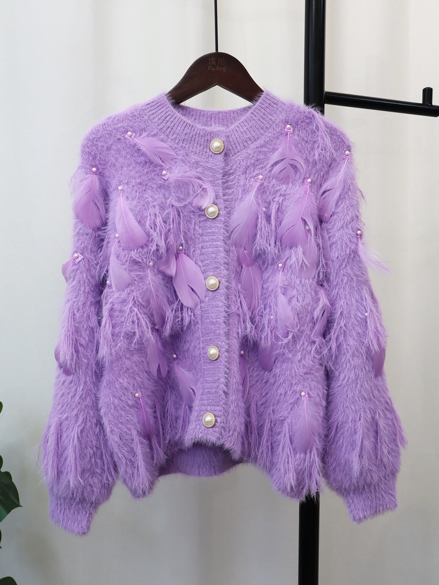 Artificial Mink Fur Gentle Design Feather Beaded Tassel Knitted Cardigan