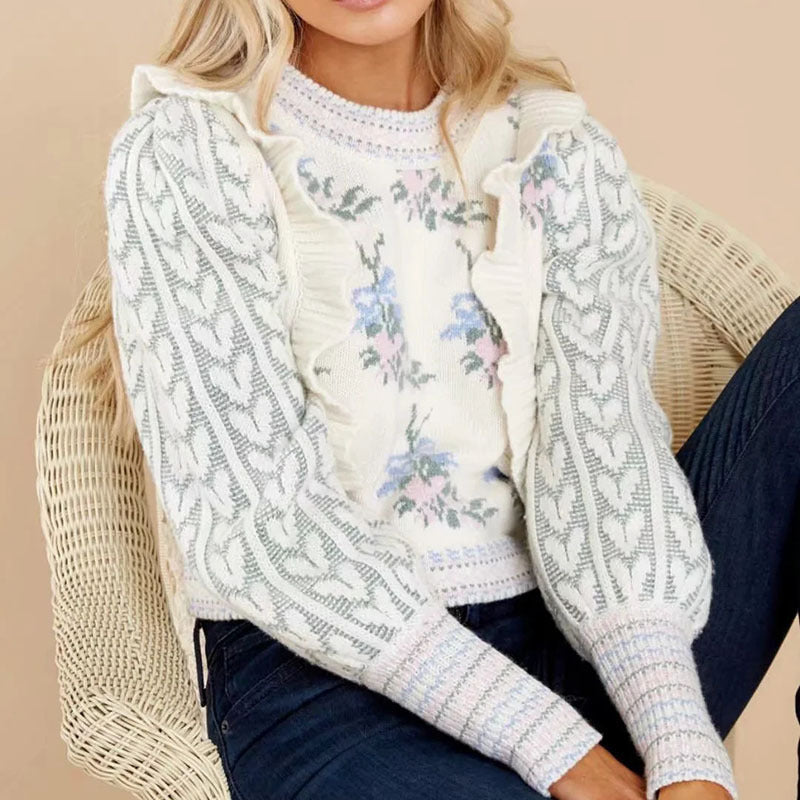 Women's Flower Ruffle Stitching Pullover Sweater