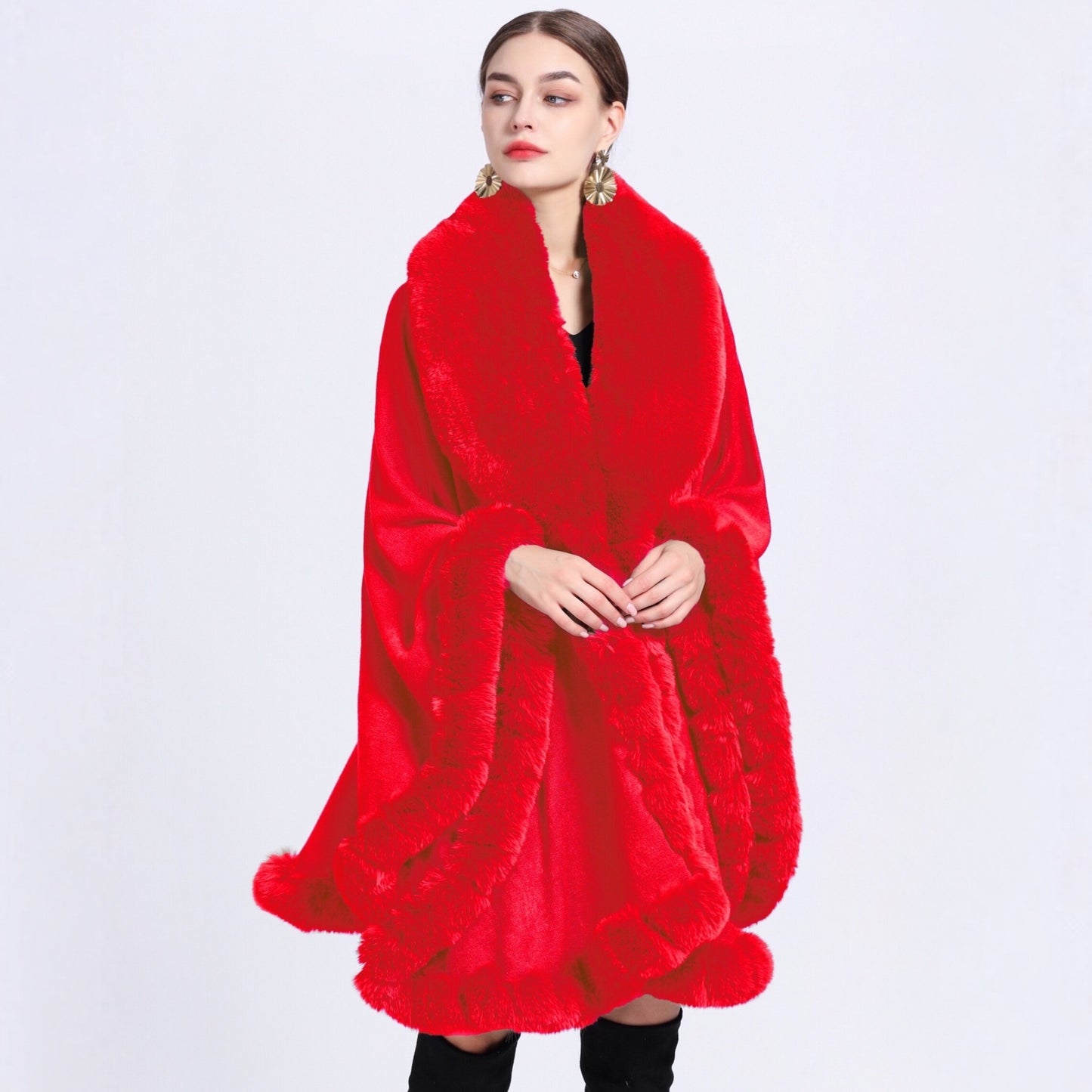 Fur Collar Shawl Cape Knitted Cardigan Baggy Coat