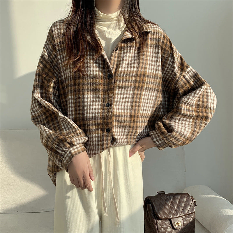 Retro Brushed Plaid Long-sleeved Shirt For Women