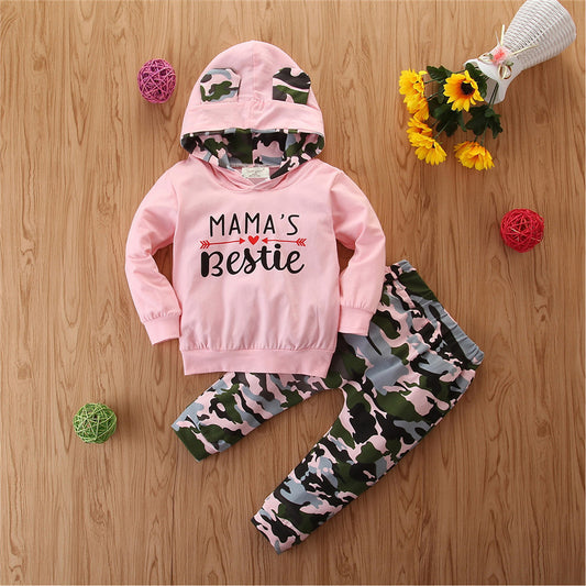 Girls Spring And Autumn Hooded Sweater  Camouflage 2 Piece Set