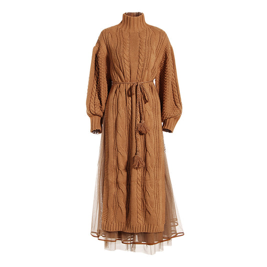 Long Stand-up Collar Lantern Sleeve Sweater Skirt  Two-piece Set