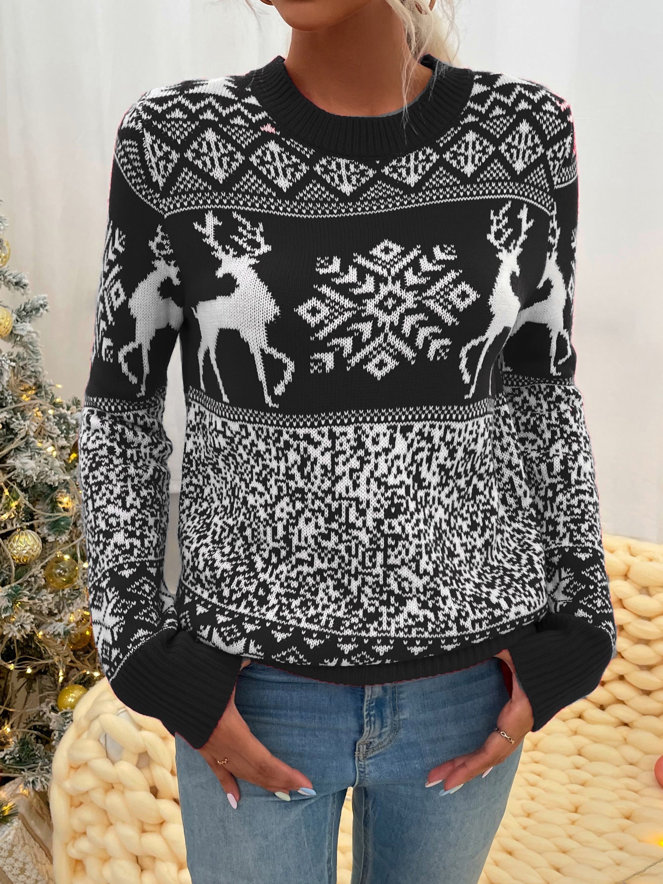 Christmas Woolen Round Neck Long-sleeved Sweater Women's Clothing