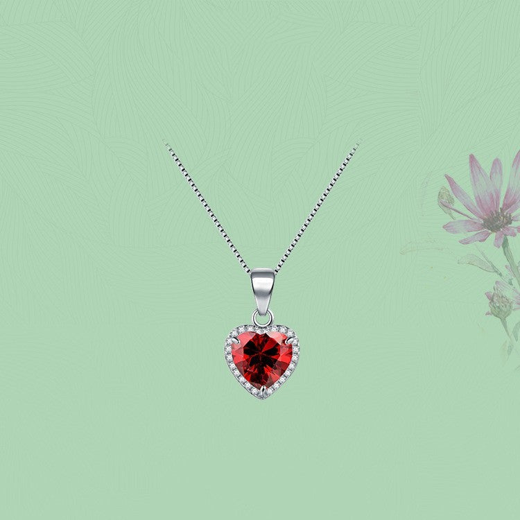 S925 Sterling Silver Heart-shaped Red Diamond Necklace