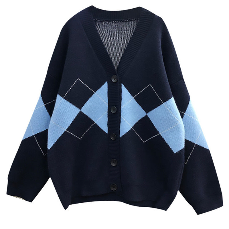 V-neck Knitted Cardigan Women's Japanese Lazy Style Diamond Sweater Coat