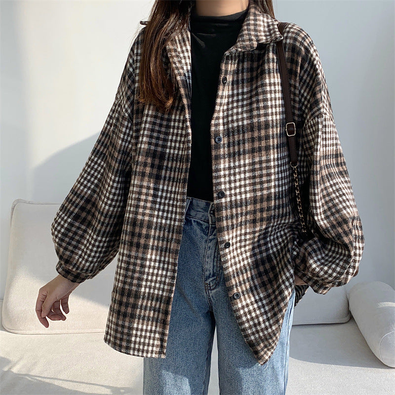 Retro Brushed Plaid Long-sleeved Shirt For Women