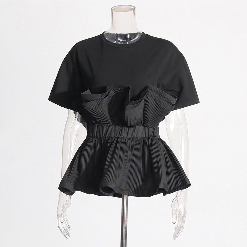 Round Neck Splicing  Ruffled Slim Fit  Top