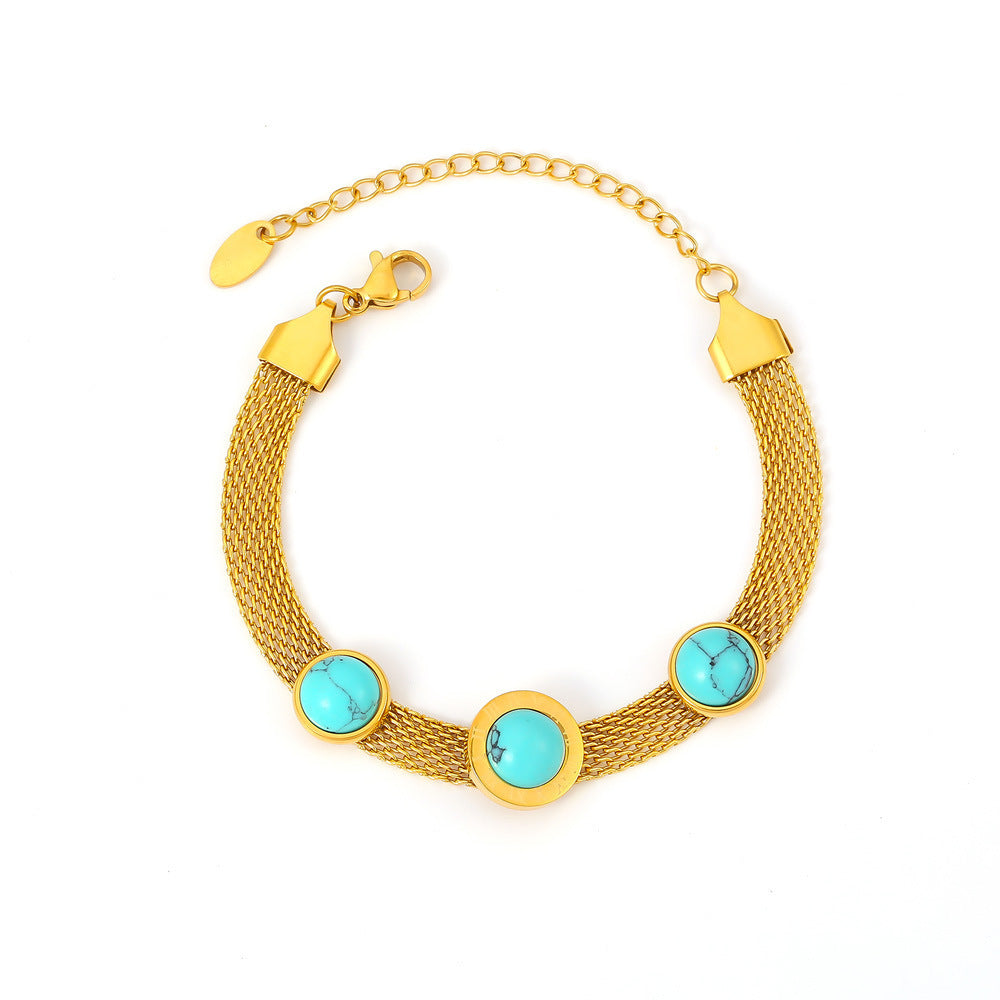 Wide Surface Mesh Round Brand Turquoise Bracelet Retro Titanium Steel Plated 18K Gold