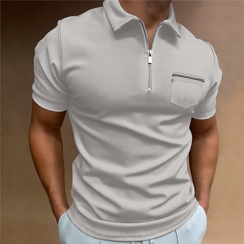 Summer Men's Solid Color Pocket Short Sleeve Lapel T-shirt