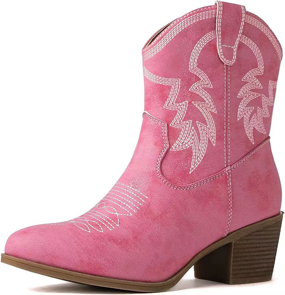 Retro Chunky Heel Side Zip Western Denim Boots