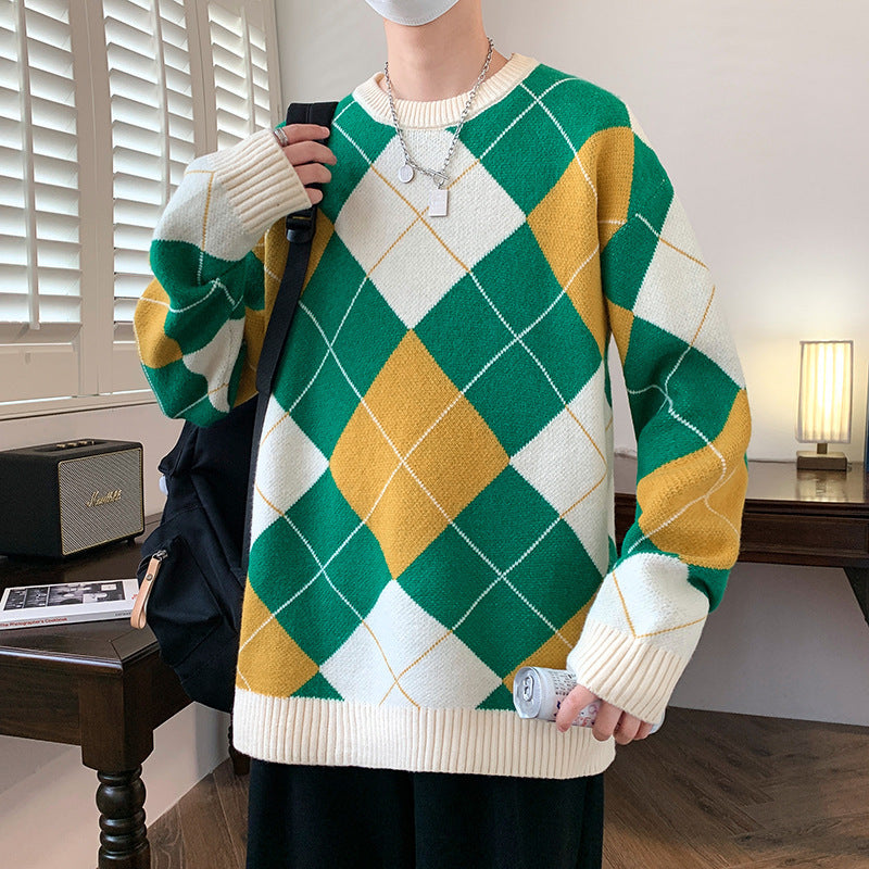 Rhombus Plaid Crew Neck Sweater