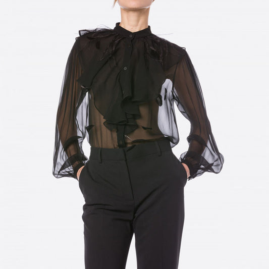 Stand Collar Ruffle Puff Long Sleeve Sheer Chiffon Shirt