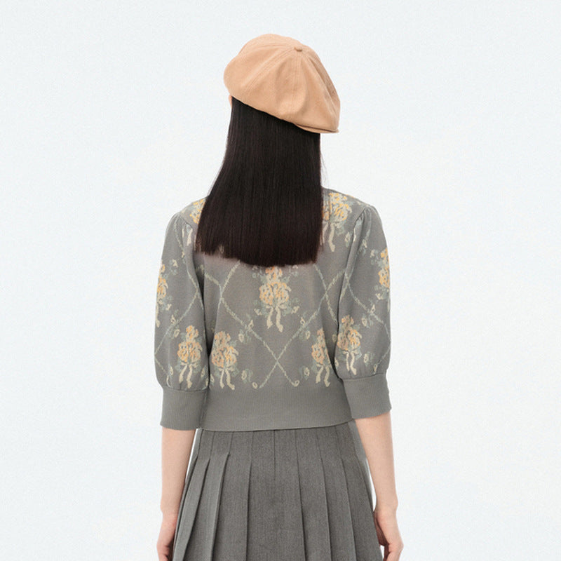 Butterfly Neck Puff Sleeve Line Knit Cardigan