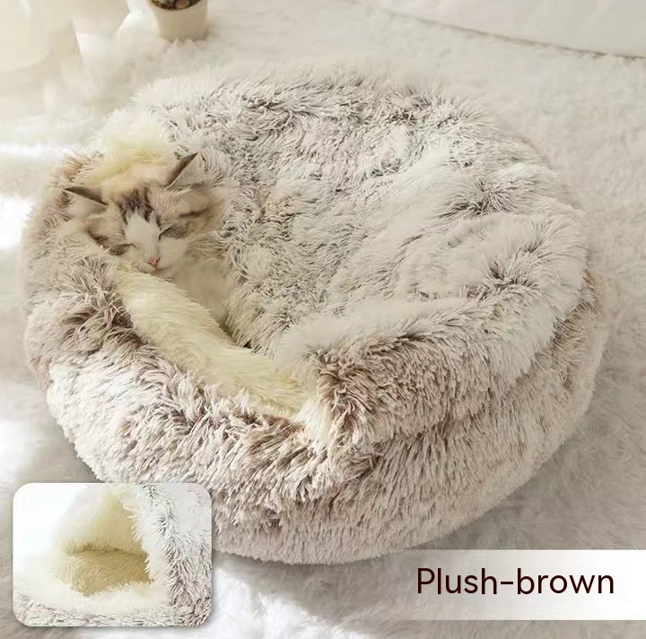 2 In 1 Dog And Cat Bed Pet Winter Bed Round Plush Warm Bed House