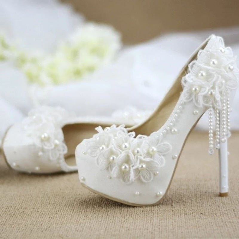 High-heeled Flower Rhinestone Tassel Bride Shoe