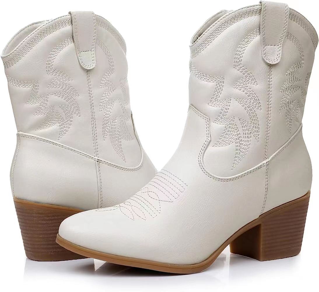 Retro Chunky Heel Side Zip Western Denim Boots