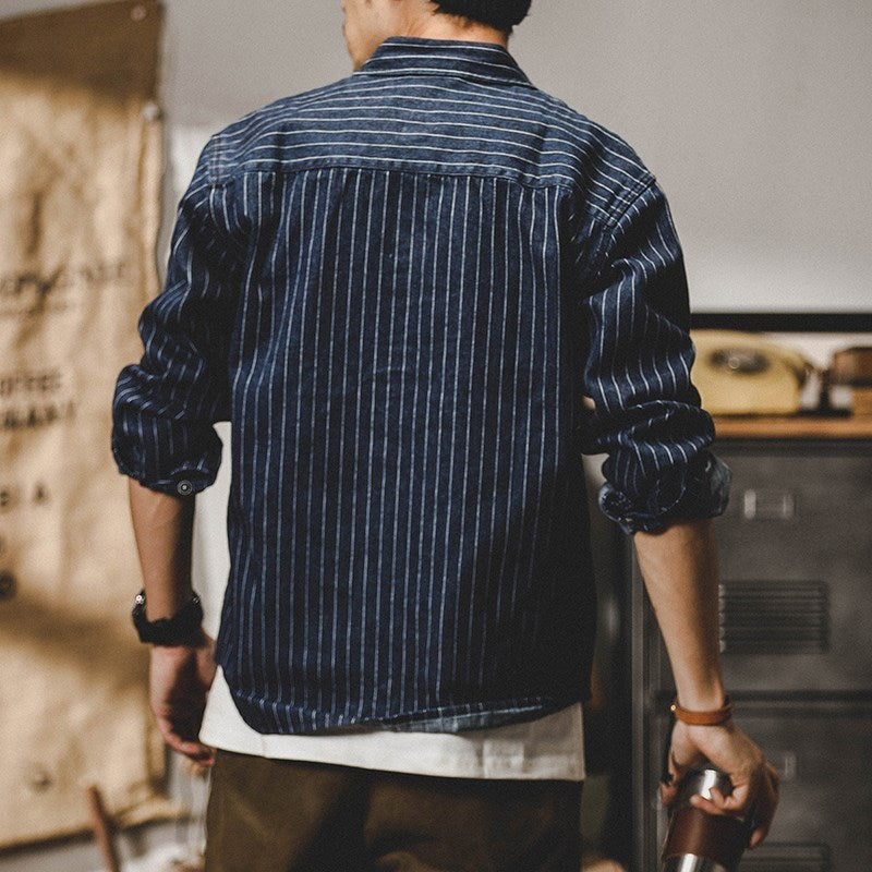 American-style Heavy Striped Denim Shirt Men's Long Sleeve