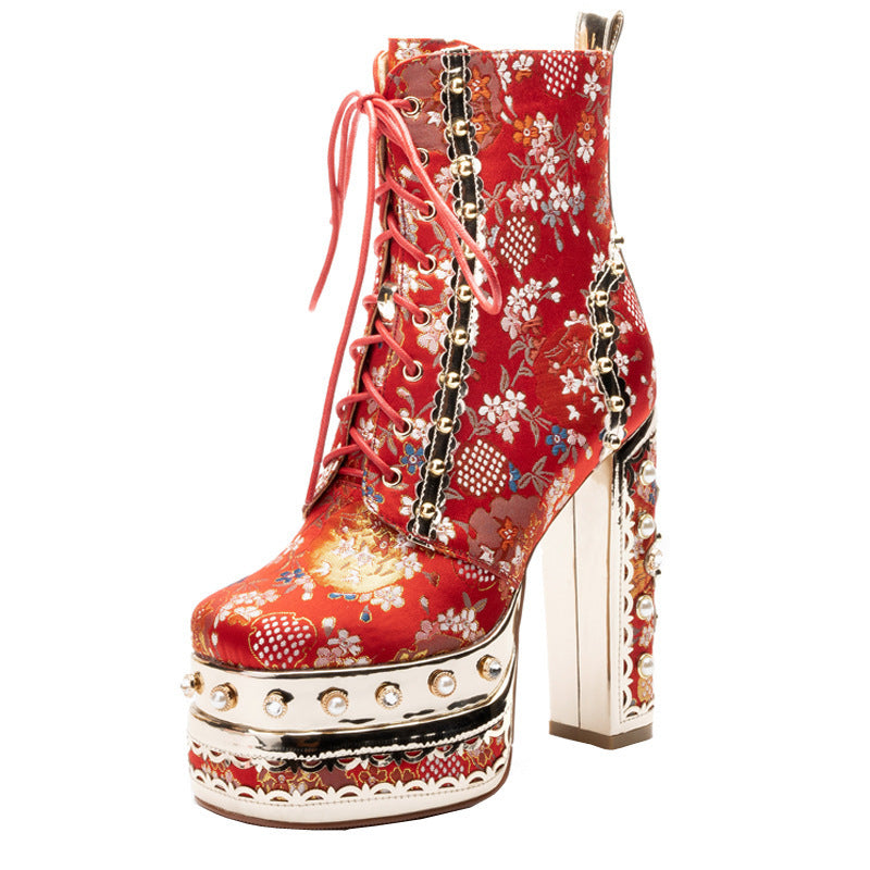 Platform Super High Heel Lace Rivet Silk Martin Boots