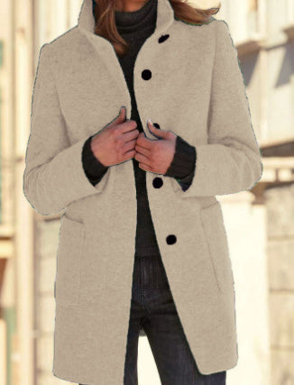 Stand Collar Woolen Coat With Pockets