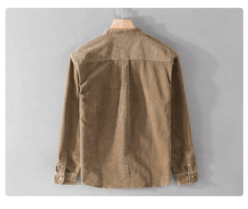 Men's Casual Stand Collar Retro Corduroy Long-sleeved Shirt