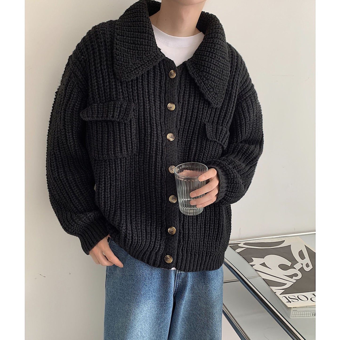 Winter Lapel Sweater Single-breasted Men's Loose Cardigan