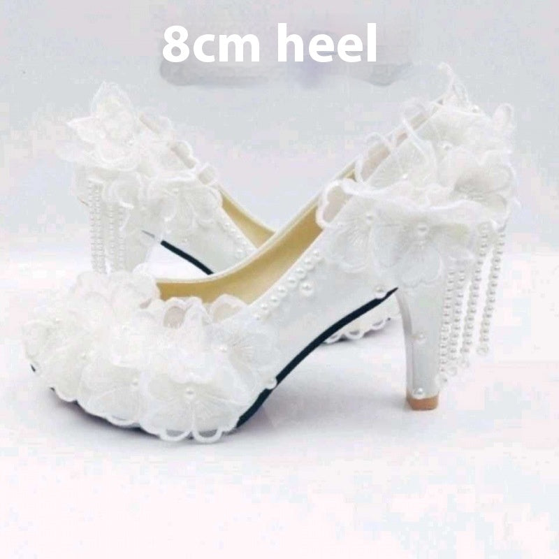 High-heeled Flower Rhinestone Tassel Bride Shoe