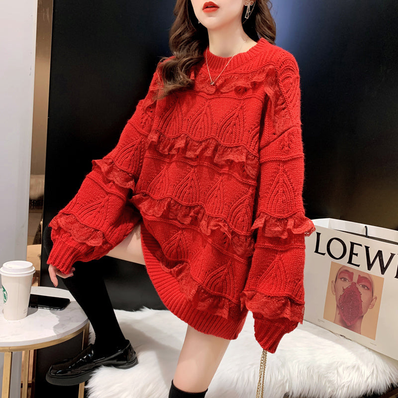 Women Solid Color Lace Sweater Loose