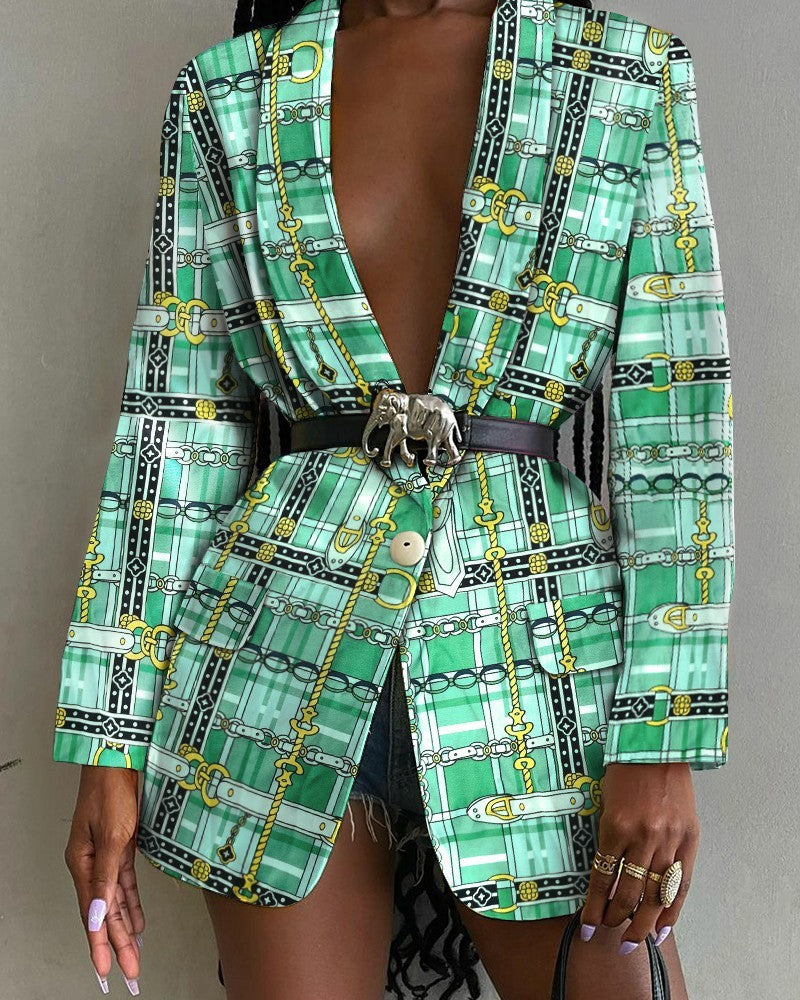 Fashion Printed Shawl Collar Single-breasted Belt Blazer Women