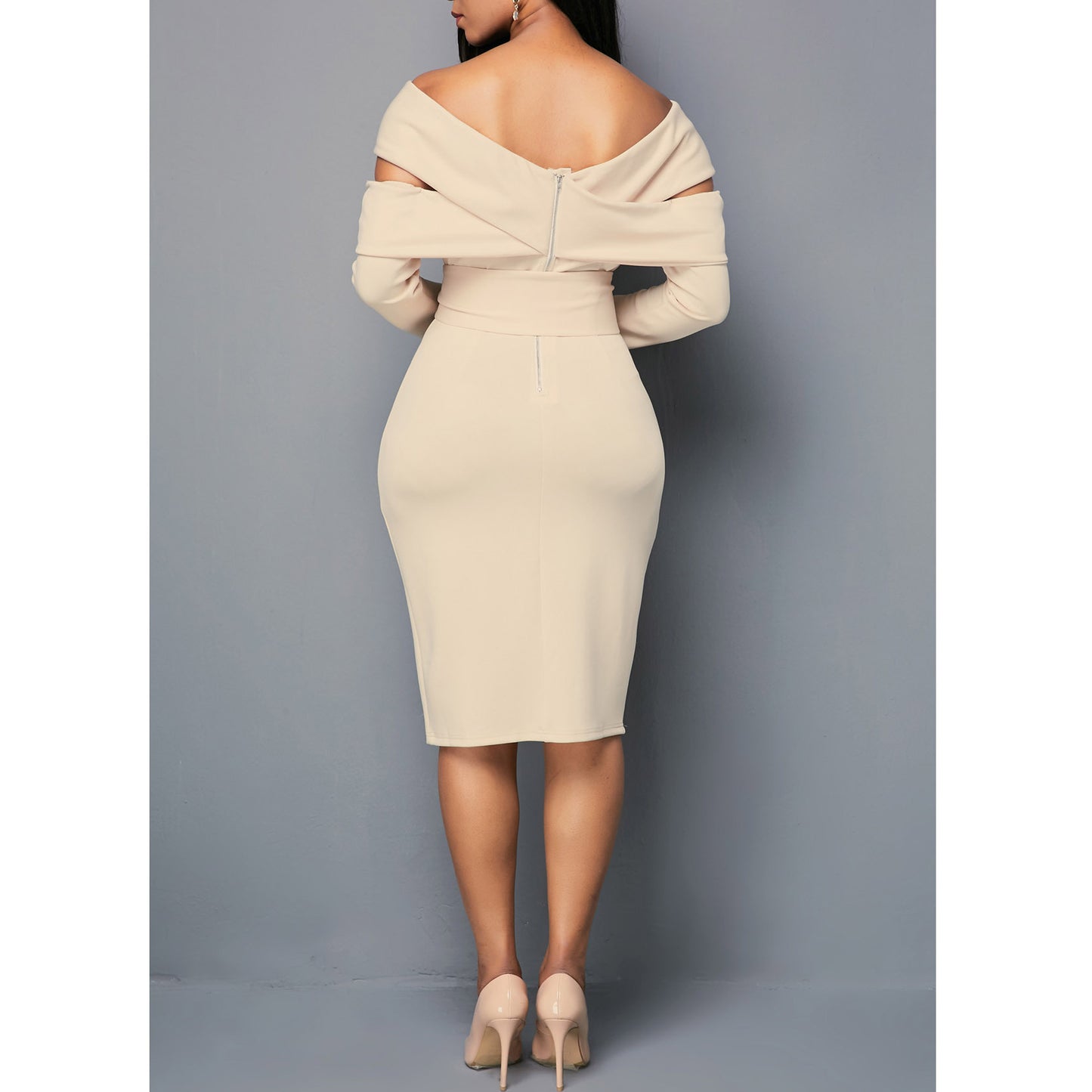 Solid Color Temperament Slim Fit One-Line Neck Long Sleeve Dress