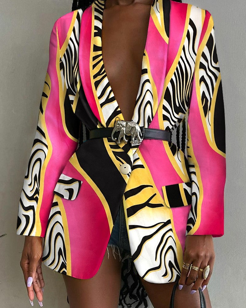 Fashion Printed Shawl Collar Single-breasted Belt Blazer Women