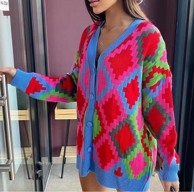 Knitted Geometric Cardigan For Women