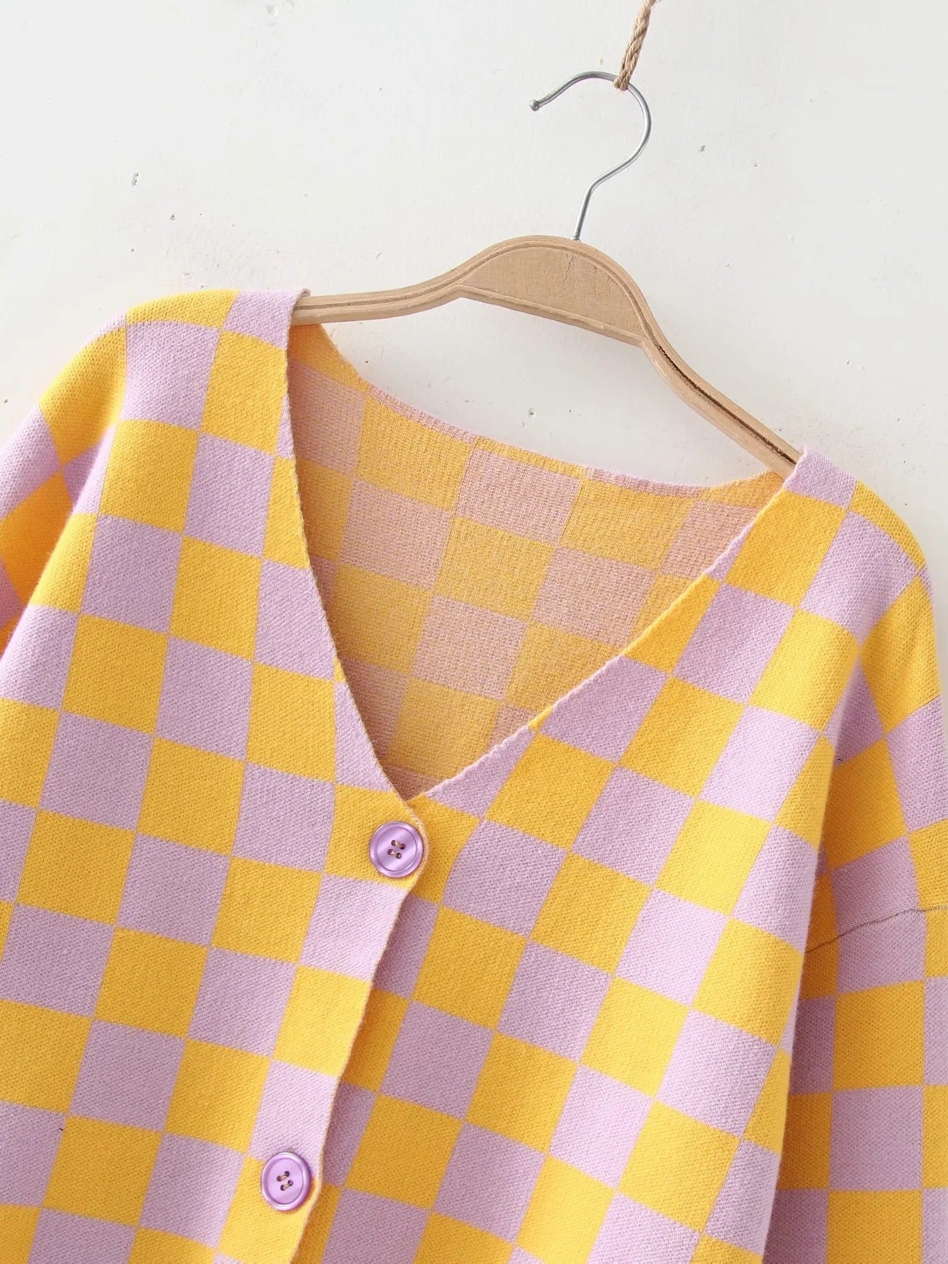 Yellow Checkerboard Pattern V-neck Loose Sweater