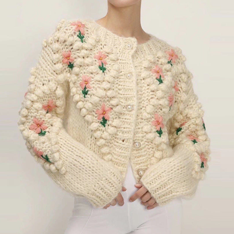 Handmade Crocheted Embroidery Twist Pearl Sweater Cardigan