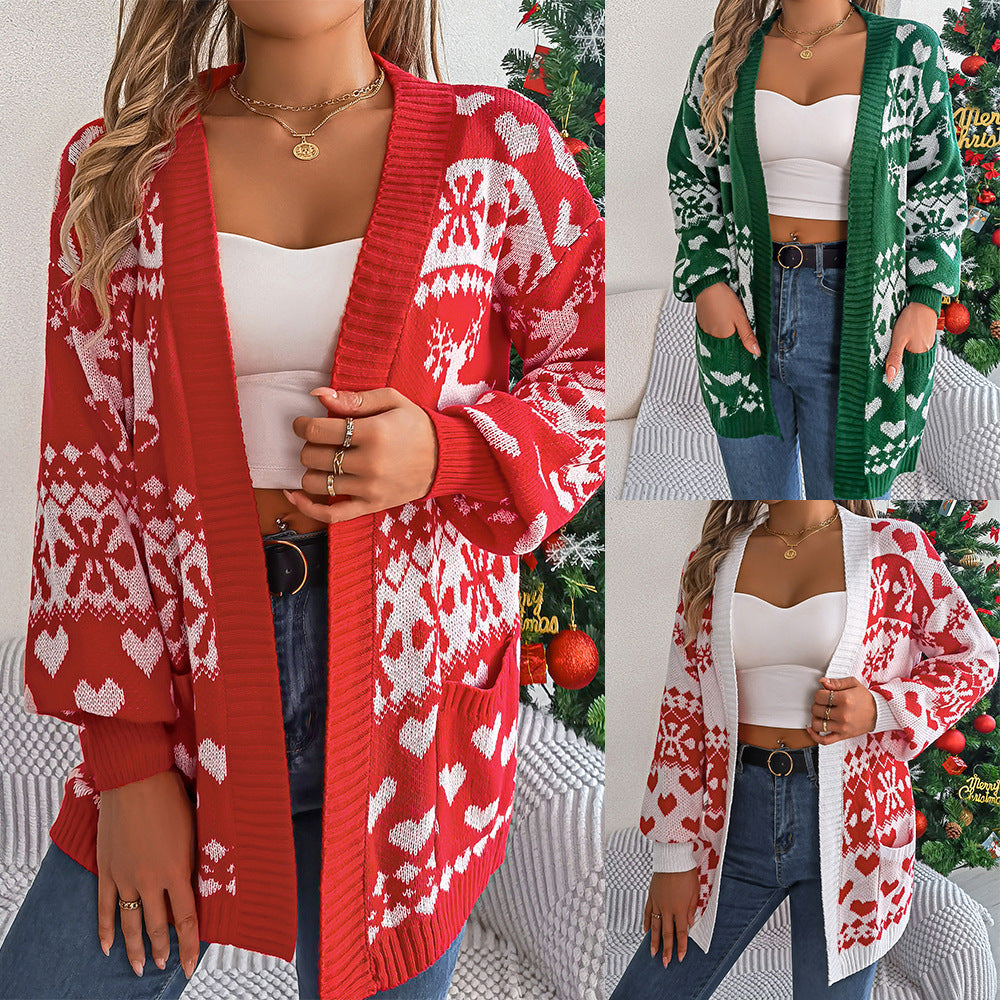 Christmas Clothes Women's Open Front Cardigan Knitwear Lantern Sleeve