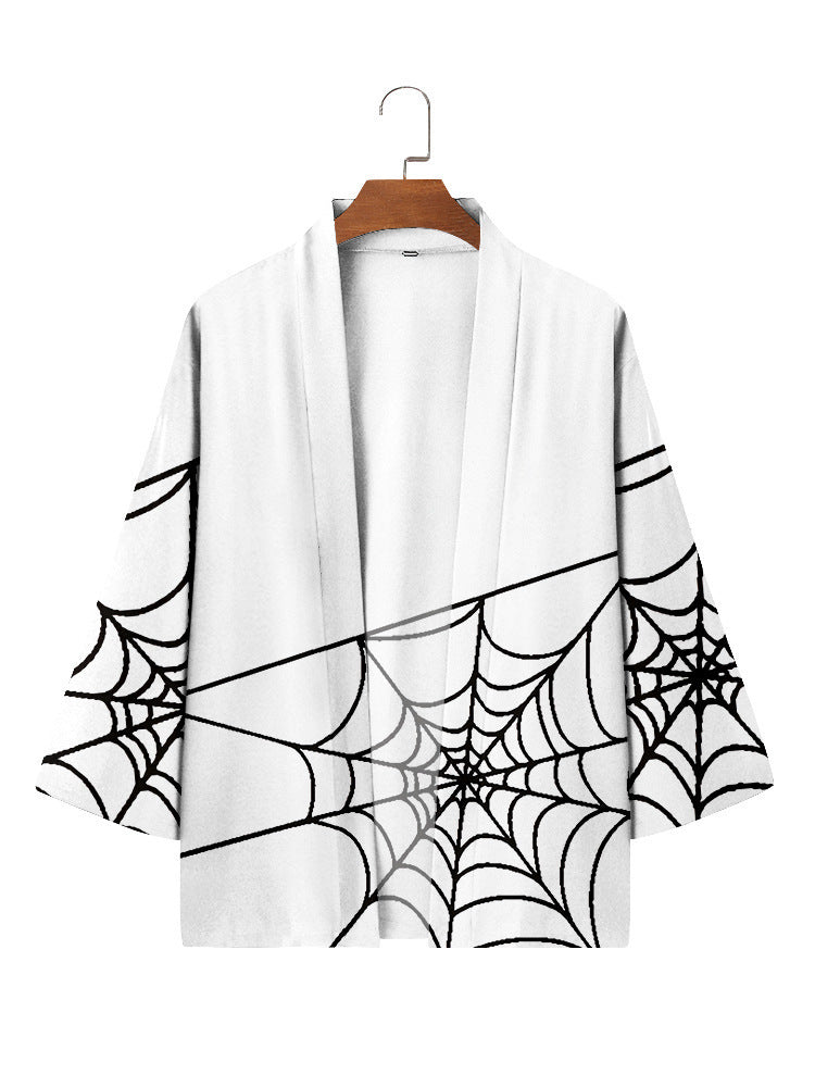 Spider Web Element Men's Three-quarter Sleeve Cardigan Robe