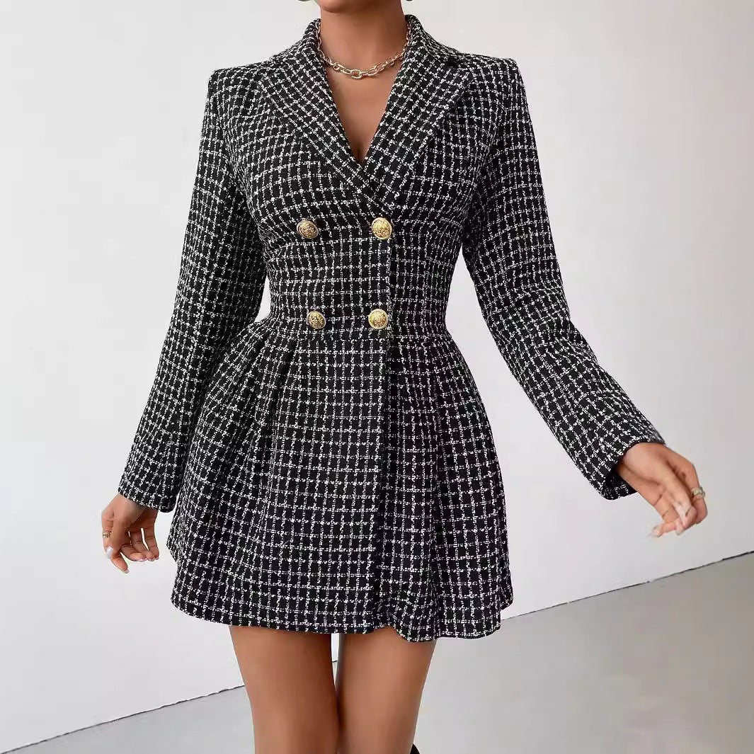 Fashion Plaid Temperament Commute V-neck Long Coat Dress