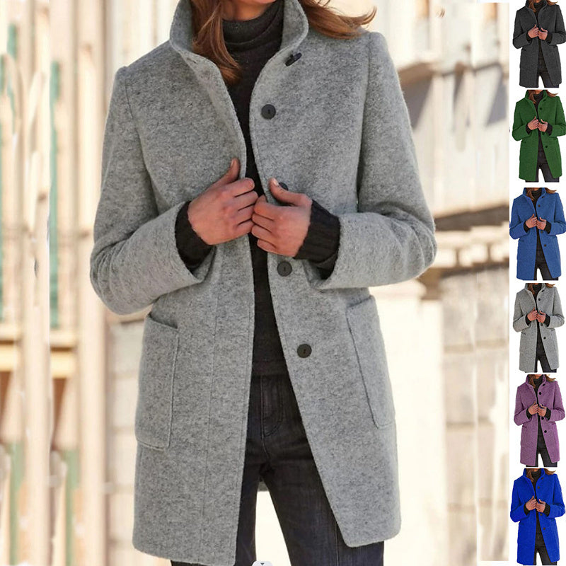 Stand Collar Woolen Coat With Pockets