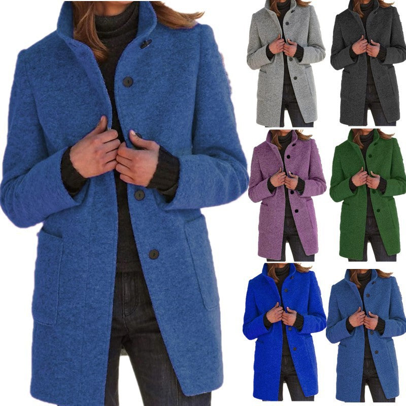 Stand Collar Woolen Coat With Pockets