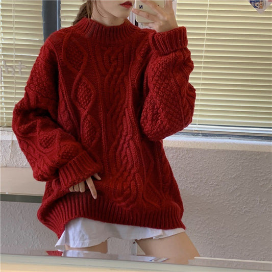 Lazy Wind Knitted Retro Twist Red Sweater Women